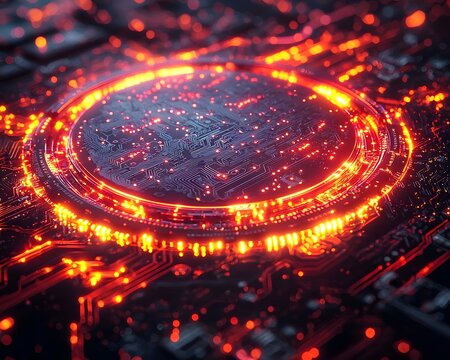 Abstract visualization of a futuristic electronic circuit board with intense glowing red and orange energy circuits symbolizing powerful data - Powered by Adobe