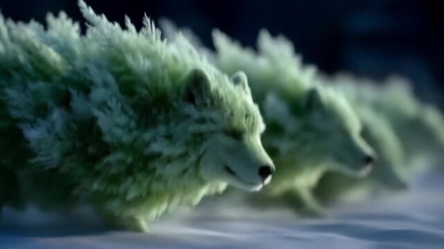 Magical wolves running in snow