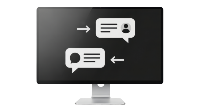 Isolated monitor displaying messaging conversation interaction with arrow, speech bubble icon