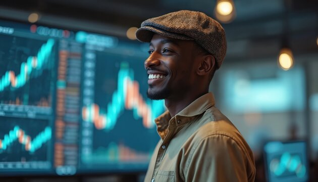 Confident African American businessman wearing newsboy cap smiles looking at stock market data on screens. In modern office setting, showing success, ambition, optimism in finance, investment growth.