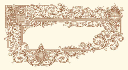 Vintage Baroque Victorian frame border, frame flower pattern vector floral engraved scroll ornament leaf retro decorative design. filigree calligraphic heraldic shield swirl