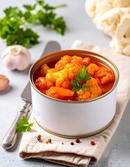 Canned cauliflower and vegetable curry in a white tin