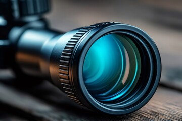 Optical scope showing blue lens coating resting on wooden table