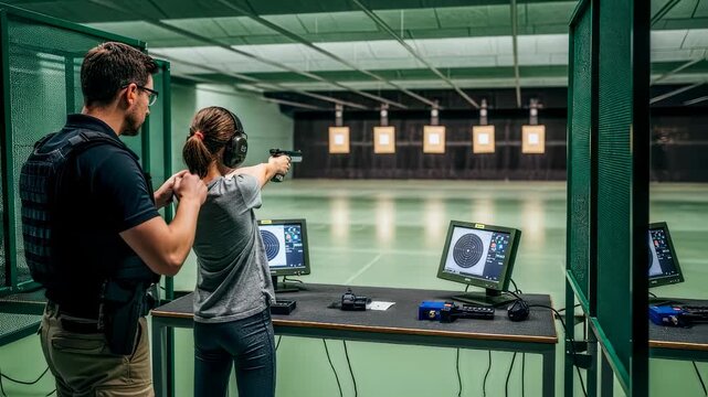 Man instructor helping woman shooter at indoor range. People training with handgun. Target practice and sport shooting footage.