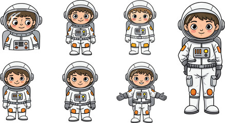 Cartoon astronaut character poses, white space suit, helmet, smiling expressions, gestures, space exploration, educational, animation, illustration © Md