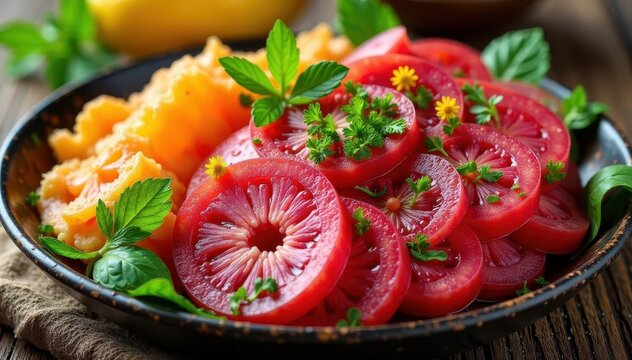 Freshly cut chuzo desgranado arranged in a decorative tray, garnished with edible flowers and herbs, chuzo desgranado, restaurant, kitchen
