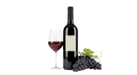 Isolated bottle of red wine with grapes and a glass of wine, a classic drink still life