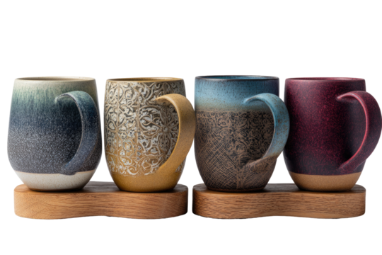 Four colorful ceramic mugs on wooden coasters