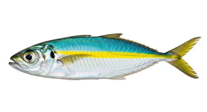 Isolated yellowtail scad fish, fresh, saltwater species, full body profile, studio shot