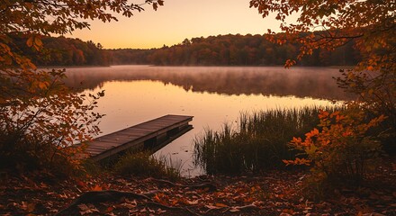 Serene Autumn Lake Sunrise, Misty Calm, Wooden Dock