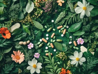 Herbal medicine, assorted pills, and flowers