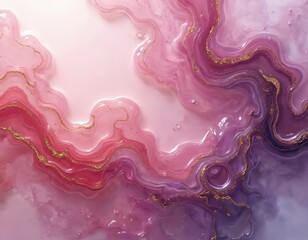 Abstract rose, lavender liquid marble texture with flowing waves, golden accents. Fluid ink art in pink, purple hues, resembling watercolor, geode formations. Elegant, glossy background design for
