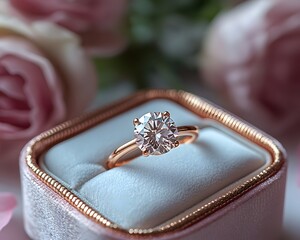 Naklejka premium A sparkling diamond ring in a velvet box surrounded by soft pink roses symbolizing love engagement and special occasions