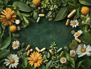 Herbal remedies frame on dark background