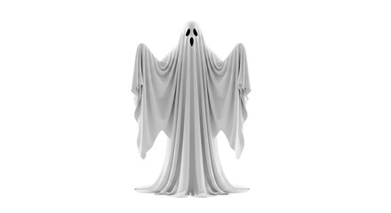 Isolated spectral ghost against a bright backdrop shrouded in draped fabric with eye holes