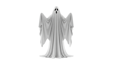 Isolated spectral ghost against a bright backdrop shrouded in draped fabric with eye holes