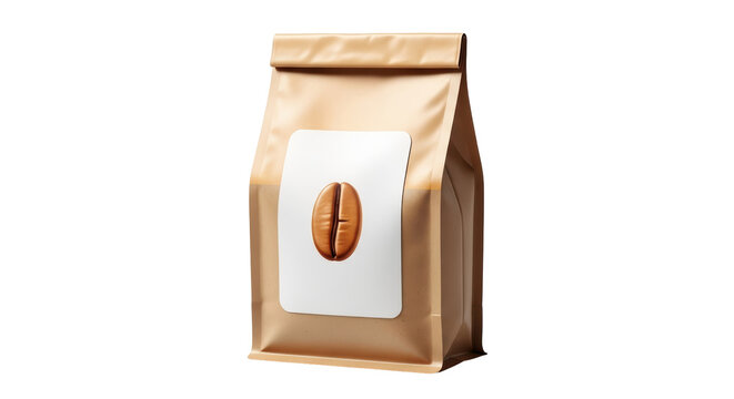 Isolated bag of coffee beans, sealed packaging with a coffee bean displayed on a label