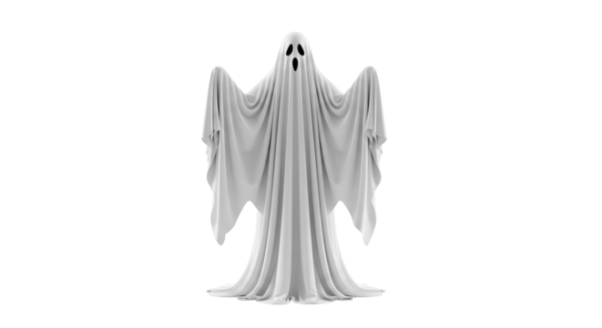 Isolated spectral ghost against a bright backdrop shrouded in draped fabric with eye holes