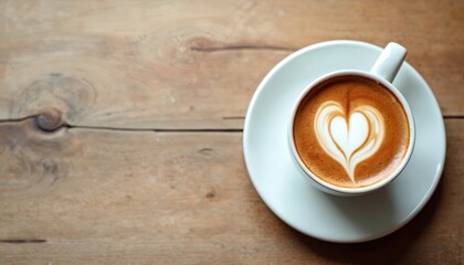 Obraz premium Warm coffee cup with heart latte art on rustic wood texture. Top view of delicious espresso brew with cream. Enjoying peaceful morning moment with cosy beverage. Daily routine for relaxation,