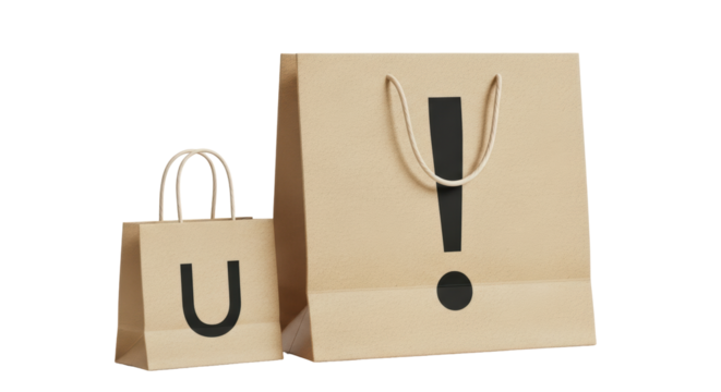 Isolated shopping bags display surprise letter U and an exclamation mark symbol on paper