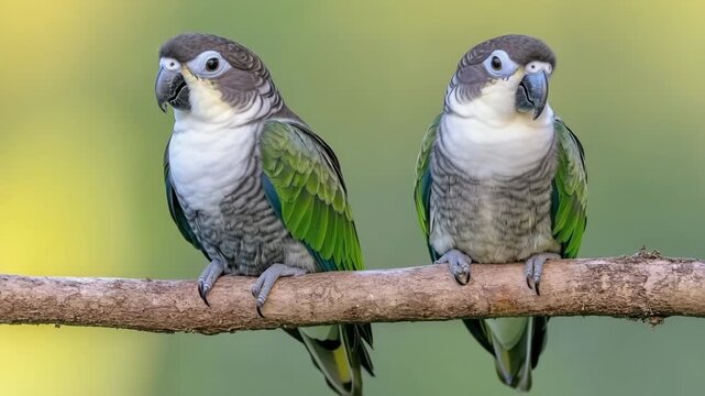 Colorful parrots interact on a branch during a sunny day in a vibrant setting