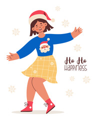 Happy Christmas Cute Woman in Santa Hat. New Year Girl In Xmas sweater with Santa Claus, holiday fun and party. Vector Illustration. Not AI