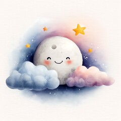 Cute Watercolor Smiling Moon and Stars Nursery Illustration