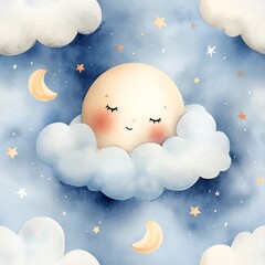 Cute Watercolor Smiling Moon and Stars Nursery Illustration
