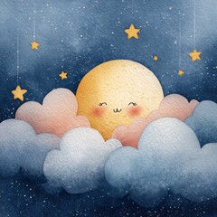 Cute Watercolor Smiling Moon and Stars Nursery Illustration