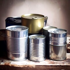Canned goods on a wooden surface