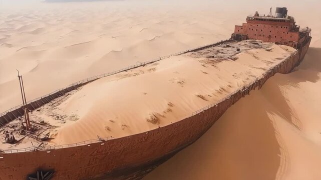 Exploring an abandoned ship lost in the desert sands under a golden sky