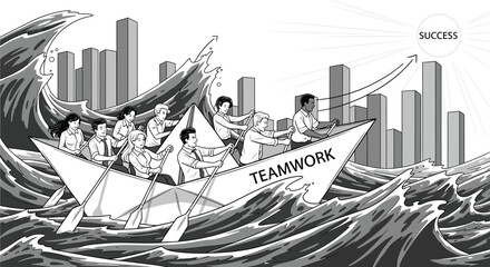 Teamwork boat sailing through waves towards success with graph bars in the background illustration