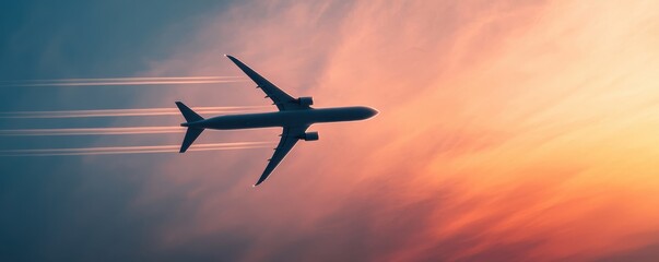 Obraz premium An airplane soaring through the colorful sunset sky, leaving vapor trails behind.