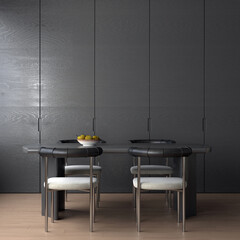 The modern home and living and dining room interior design and black wooden wall texture background.