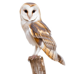 Majestic barn owl perched on a wooden post against a
