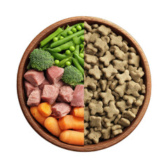 Dog food bowl, split between kibble and raw ingredients