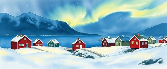 Naklejka premium Watercolor painting of Norwegian coastal winter with fishing huts, snowy mountains and northern lights.