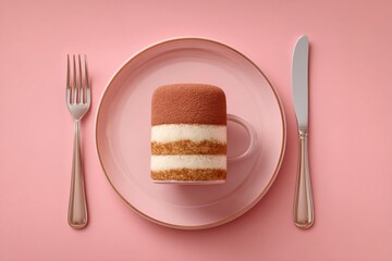 Tiramisu cake resembling coffee mug, plated on soft pink surface with refined silverware, highlighting gourmet dessert styling
