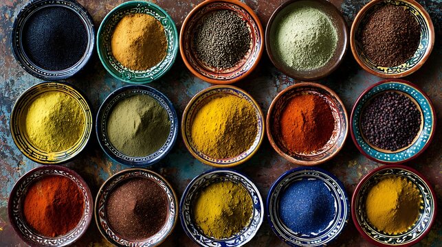 Minimal yet striking poster of assorted spices in colorful bowls, arranged in a symmetrical pattern, textured rustic backdrop 
