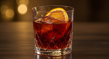 Elegant Negroni cocktail with orange slice and ice, perfect for upscale bar menus and events