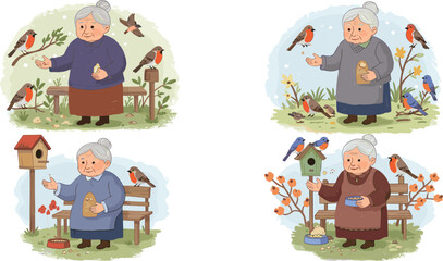 Cartoon elderly women feeding birds in park, nature interaction, peaceful outdoor scene with flowers, kindness, senior lifestyle, animal care