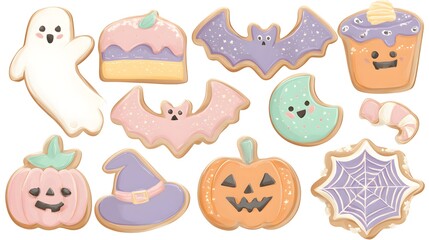 collection of different Halloween cookies on a white background