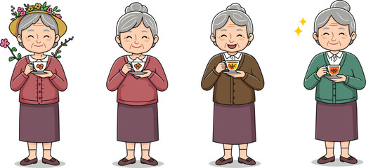 Cartoon elderly women holding teacups, emotional expressions, senior lifestyle illustration, peaceful tea time, warmth, friendship, relaxation, character diversity, cozy moment