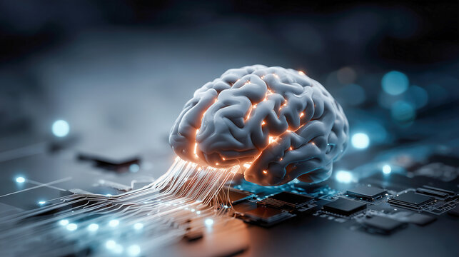 Abstract representation of artificial intelligence, glowing digital brain made of circuits and data streams, futuristic background, blue neon light - Powered by Adobe