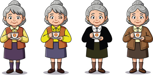 Cartoon elderly women holding teacups, smiling characters, diverse outfits, senior lifestyle, warm expressions, grandmother illustration, tea time, aging, friendly design