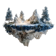 Floating winter mountain island, snowy trees, rocky base