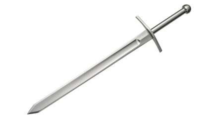 Isolated historical European longsword with metal blade, hilt, and pommel in diagonal angle