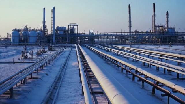 Gen Turbo zoom reveals expansive pipes and industrial setup at a cold location during twilight hours in a peaceful landscape