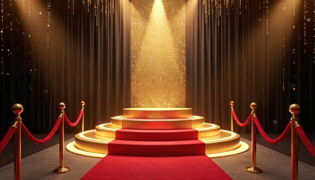 Golden three-tiered podium sits atop red carpet leading to glittering backdrop under spotlights. Velvet ropes guide guests towards stage, signifying award ceremony, prestigious event, celebratory