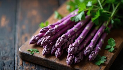 Fresh purple asparagus spears arranged on rustic wooden cutting board with parsley garnish. Vibrant, healthy vegetable with crisp texture. Ideal for culinary use, cooking ingredient, farm-to-table